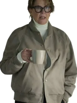 Close-up of Series Lucky S01 Annette Bening Beige Cotton Bomber Jacket