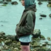 Close-up of Series Lucky S01 Anya Taylor-Joy Green Cotton Hooded Bomber Jacket