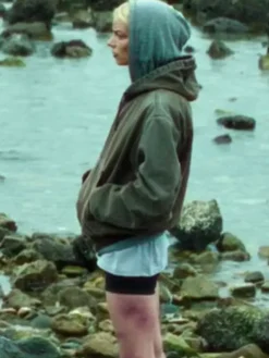 Close-up of Series Lucky S01 Anya Taylor-Joy Green Cotton Hooded Bomber Jacket
