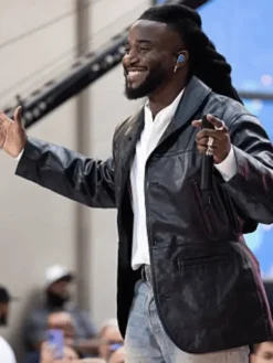 Close-up of Shaboozey NBC’s Today Rockefeller Plaza 2026 In NYC Black Leather Blazer