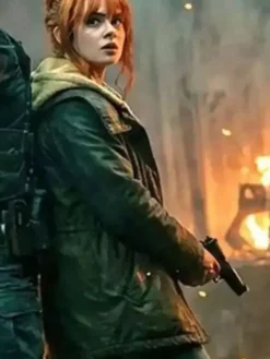 Close-up of Spider-Man Brand New Day 2026 Sadie Sink Green Cotton Jacket