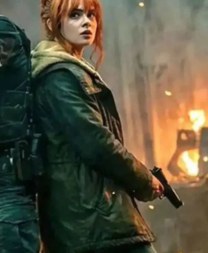 Close-up of Spider-Man Brand New Day 2026 Sadie Sink Green Cotton Jacket