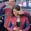 Close-up of Spider-Man Tom Holland And Zendaya Leather Jacket premium design