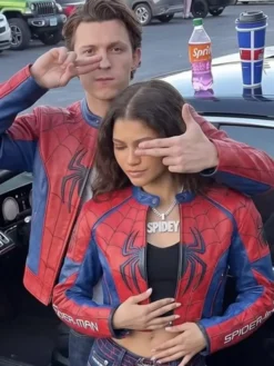 Close-up of Spider-Man Tom Holland And Zendaya Leather Jacket premium design