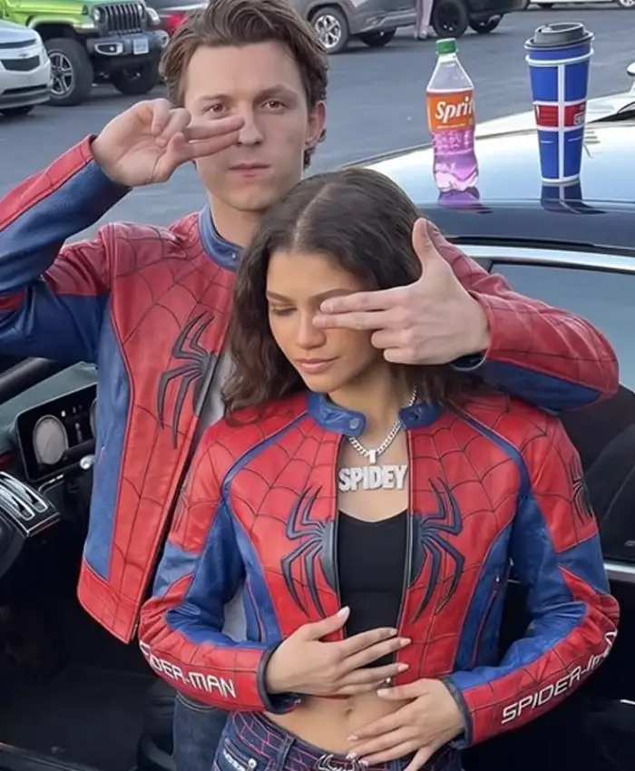 Close-up of Spider-Man Tom Holland And Zendaya Leather Jacket premium design