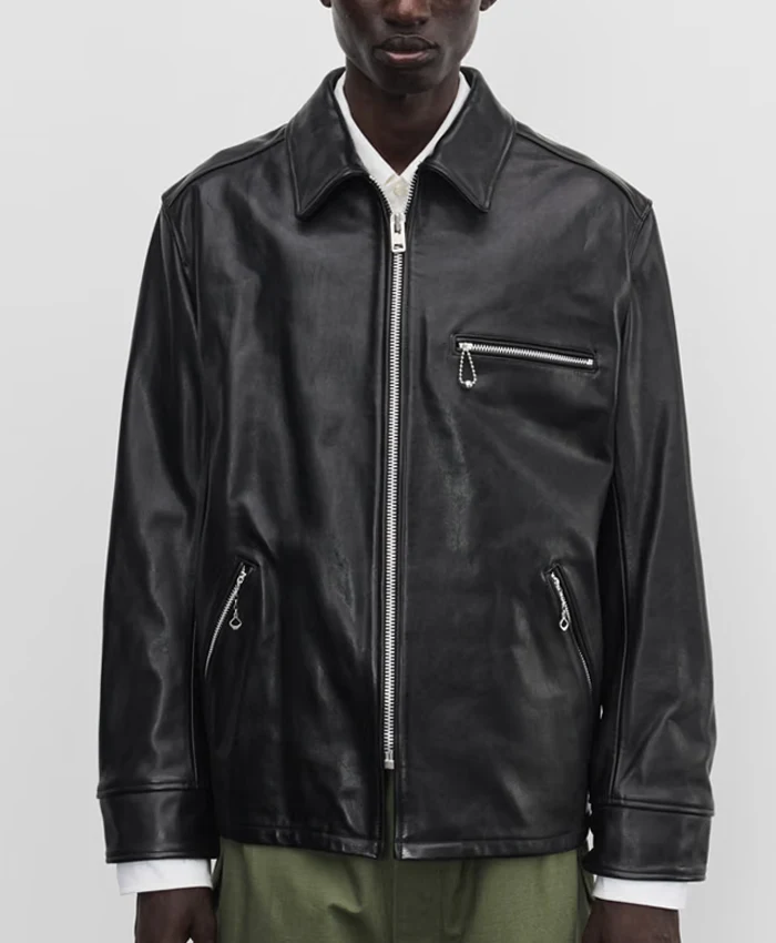 Close-up of Stüssy x eYe Junya Watanabe Man Black Leather Zip-Up Jacket