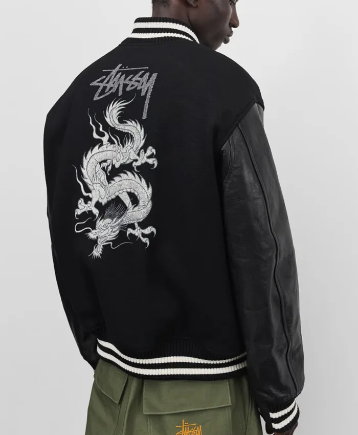 Close-up of Stüssy x eYe Junya Watanabe Man Black Wool Leather Dragon Print Varsity Jacket