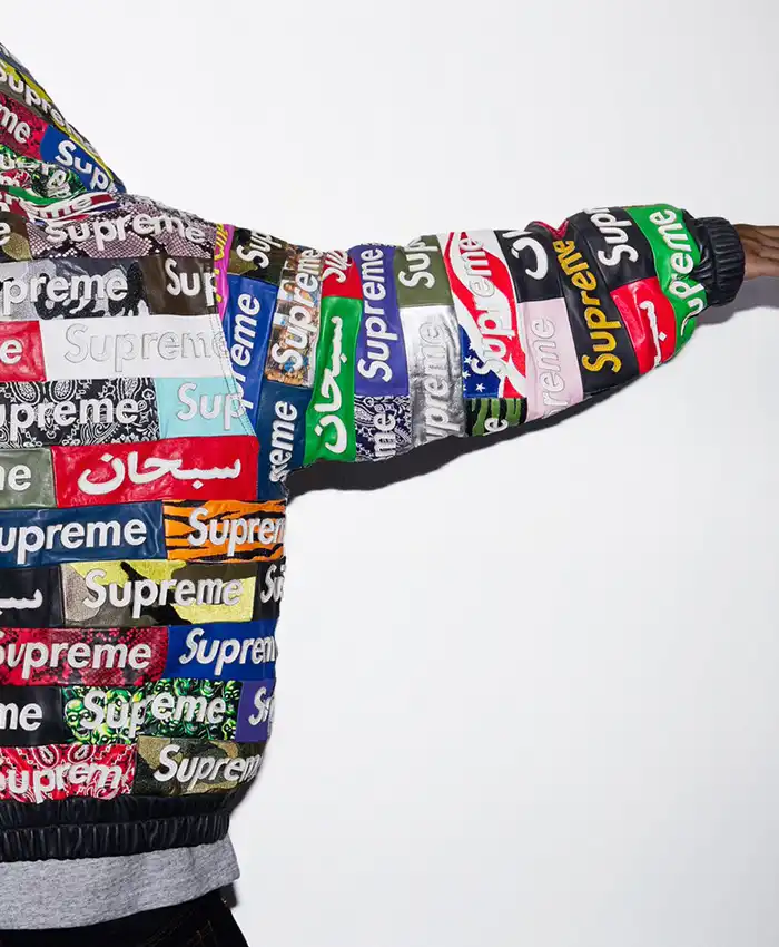 Close-up of Supreme Fall-Winter 2026 Collection Patchwork Teaser Hooded Leather Jacket