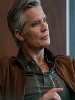 Close-up of TV Series Lucky S01 Timothy Olyphant Brown Suede Leather Jacket