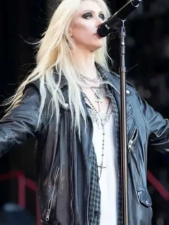 Close-up of Taylor Momsen Mercedes-Benz Stadium Black Layers 2026 Black Leather Biker Jacket