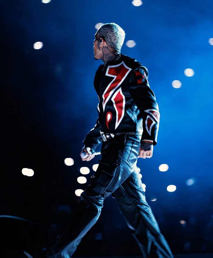 Close-up of The R&B Tour Toronto Chris Brown Red And Black Moto Leather Jacket