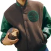 Close-up of Timberland Brown And Green Tree Logo Wool Leather Letterman Varsity Jacket