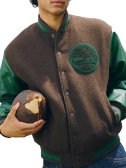 Close-up of Timberland Brown And Green Tree Logo Wool Leather Letterman Varsity Jacket