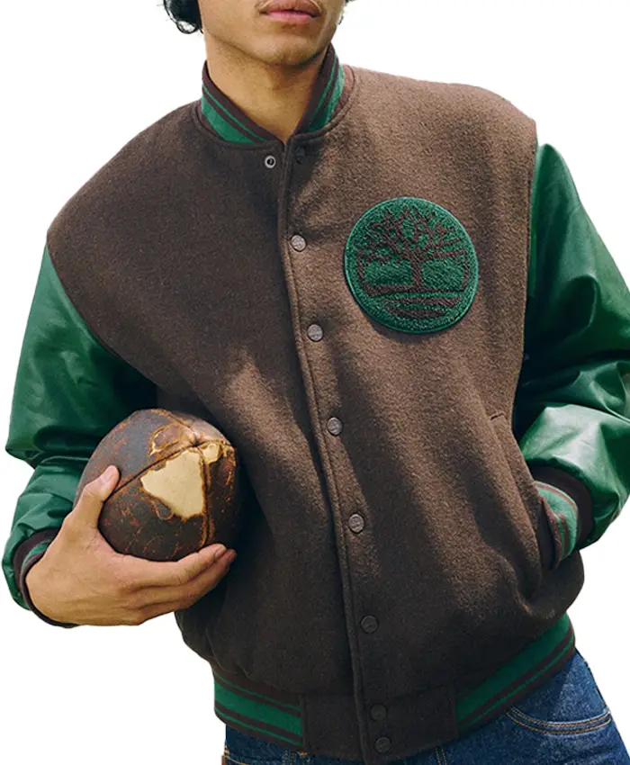 Close-up of Timberland Brown And Green Tree Logo Wool Leather Letterman Varsity Jacket