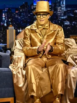 Close-up of Tonight Show Starring Jimmy Fallon Weezer Band Golden Leather Jacket