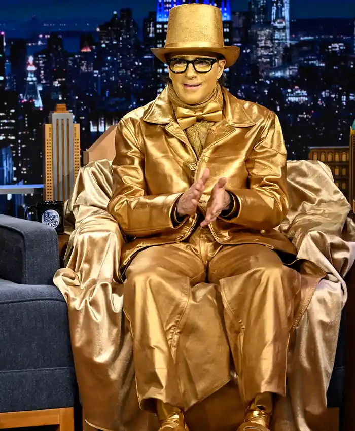Close-up of Tonight Show Starring Jimmy Fallon Weezer Band Golden Leather Jacket
