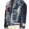 Close-up of True Religion Fall 2026 No. 1 Logo Denim Print Leather Bomber Jacket