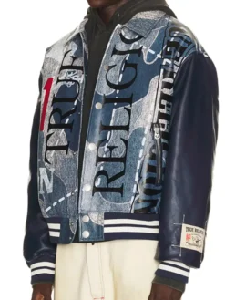 Close-up of True Religion Fall 2026 No. 1 Logo Denim Print Leather Bomber Jacket