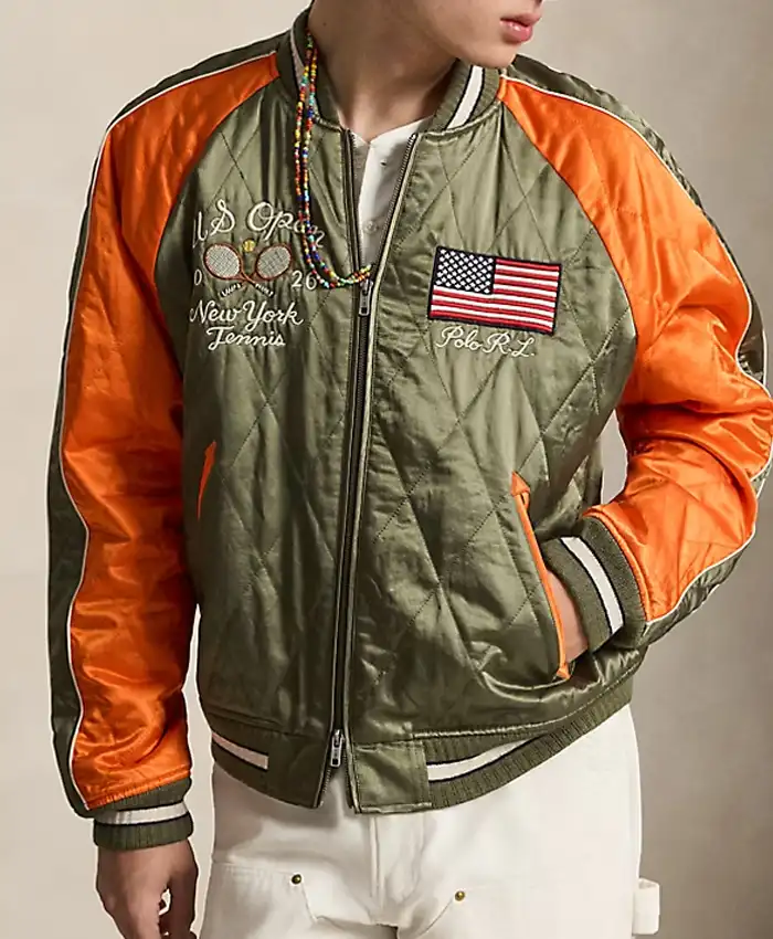 Close-up of US Open Polo Ralph Lauren 2026 Souvenir Satin Quilted Bomber Jacket