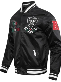 Close-up of Viva Los Angeles Raiders Sugar Skull Black Satin Varsity Jacket