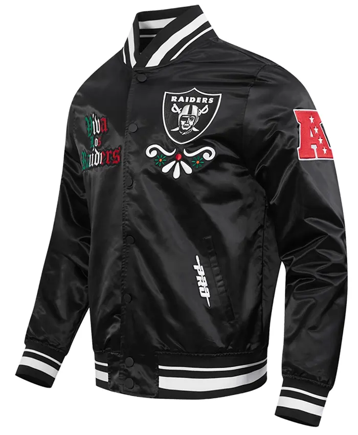 Close-up of Viva Los Angeles Raiders Sugar Skull Black Satin Varsity Jacket