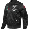 Close-up of Viva Los Las Vegas Raiders Sugar Skull Black Satin Varsity Jacket