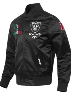 Close-up of Viva Los Las Vegas Raiders Sugar Skull Black Satin Varsity Jacket