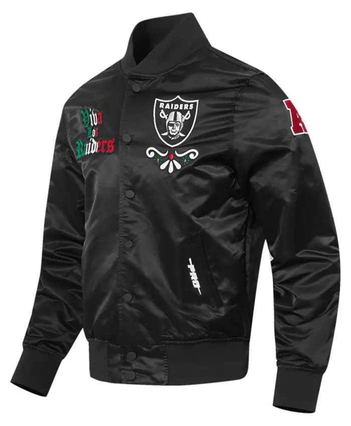 Close-up of Viva Los Las Vegas Raiders Sugar Skull Black Satin Varsity Jacket