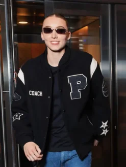 Close-up of WNBA All-Star Game Paige Bueckers Custom Coach Black Varsity Jacket