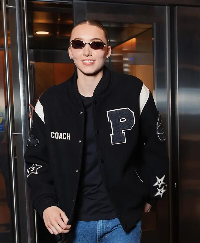 Close-up of WNBA All-Star Game Paige Bueckers Custom Coach Black Varsity Jacket
