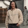 Close-up of WNBA Indiana Fever vs. Chicago Sky Caitlin Clark Beige Track Jacket
