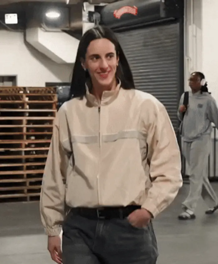 Close-up of WNBA Indiana Fever vs. Chicago Sky Caitlin Clark Beige Track Jacket