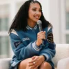 Close-up of WNBA x Coach 2026 Azzi Fudd Custom Blue Varsity Jacket