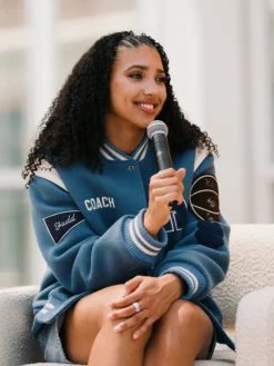 Close-up of WNBA x Coach 2026 Azzi Fudd Custom Blue Varsity Jacket