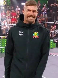 Close-up of WWE NXT Grayson Waller Black Fleece Stay Real Hooded Jacket