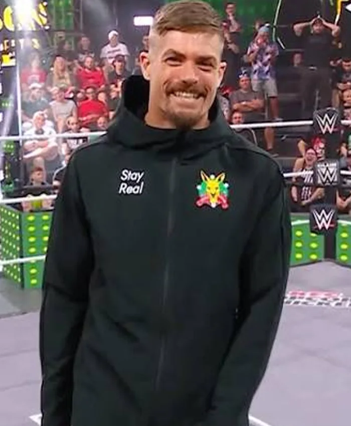 Close-up of WWE NXT Grayson Waller Black Fleece Stay Real Hooded Jacket