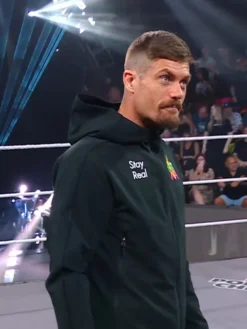 Close-up of WWE NXT Grayson Waller Stay Real Black Fleece Hooded Jacket