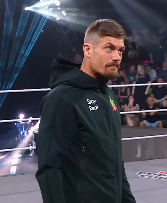 Close-up of WWE NXT Grayson Waller Stay Real Black Fleece Hooded Jacket