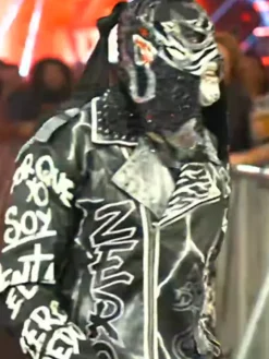 Close-up of WWE SummerSlam 2026 PENTA Zero Miedo Black Biker Jacket