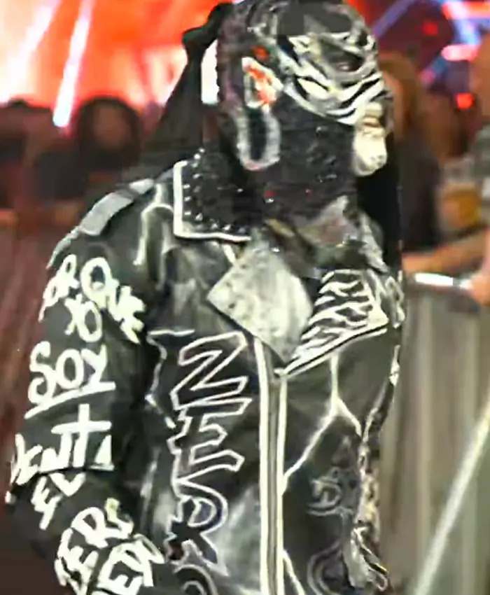 Close-up of WWE SummerSlam 2026 PENTA Zero Miedo Black Biker Jacket