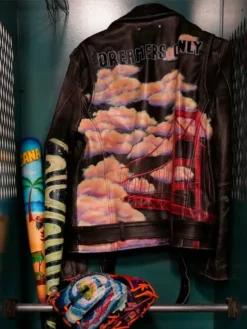Close-up of Willy Adames SF Giants DREAMERS ONLY Golden Gate Bridge Black Leather Biker Jacket