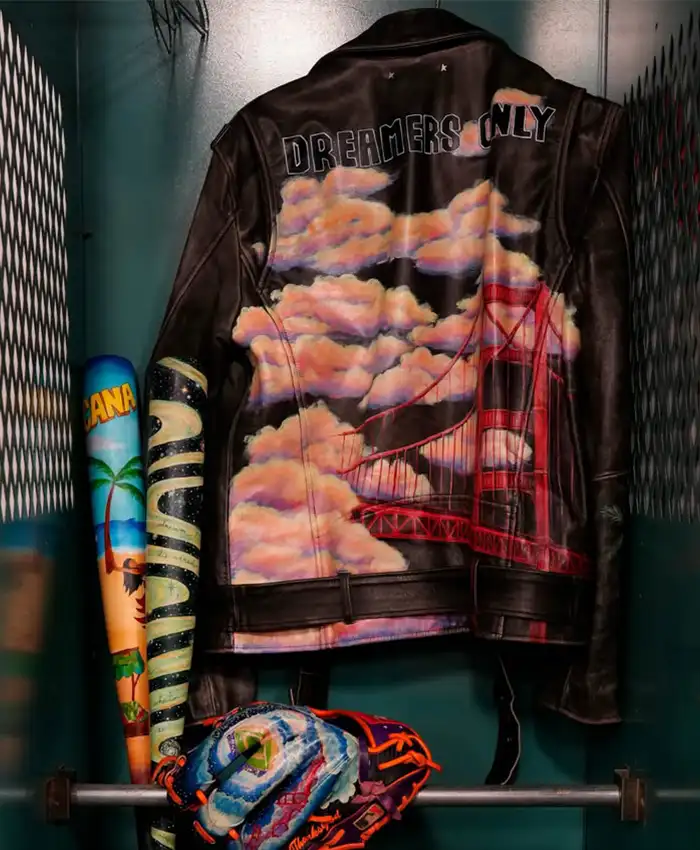 Close-up of Willy Adames SF Giants DREAMERS ONLY Golden Gate Bridge Black Leather Biker Jacket