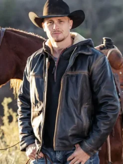 Close-up of Yellowstone Eric McGraw S03 E07 Ranch Wear Cattle Thief Brown Leather Jacket