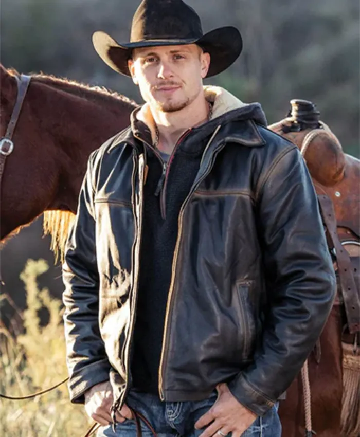 Close-up of Yellowstone Eric McGraw S03 E07 Ranch Wear Cattle Thief Brown Leather Jacket