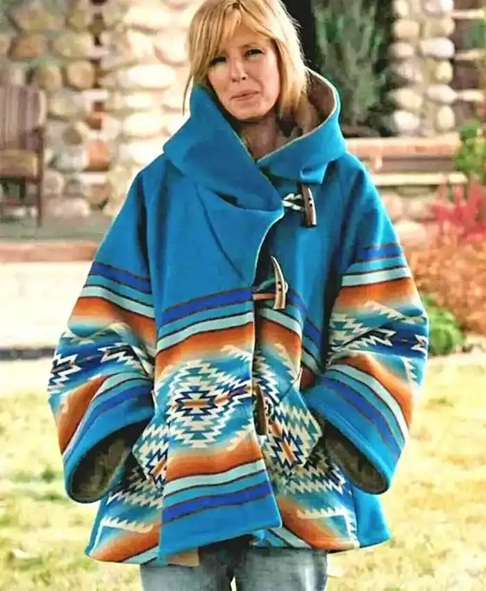 Close-up of Yellowstone S03 E06 Beth Dutton Blanket Turquoise Hooded Poncho Coat