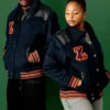 Close-up of Zedluxe Navy Blue Wool Leather Bomber Jacket Sale