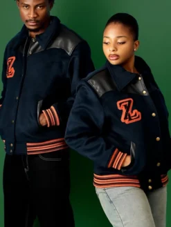 Close-up of Zedluxe Navy Blue Wool Leather Bomber Jacket Sale