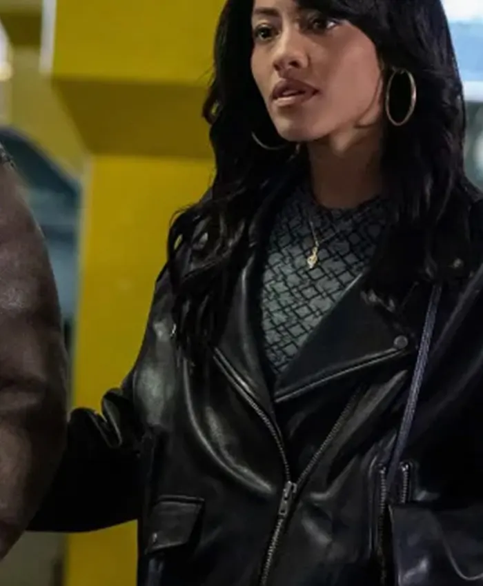 Close-up of Zisa Power Book III Raising Kanan S02 Black Biker Leather Jacket