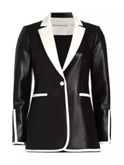 Close-up view of Only Murders in the Building S04 Molly Shannon Black Leather Blazer