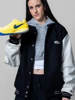 Close view WNBA Caitlin Clark x Slam Kicks Nike Black And White Varsity Jacket